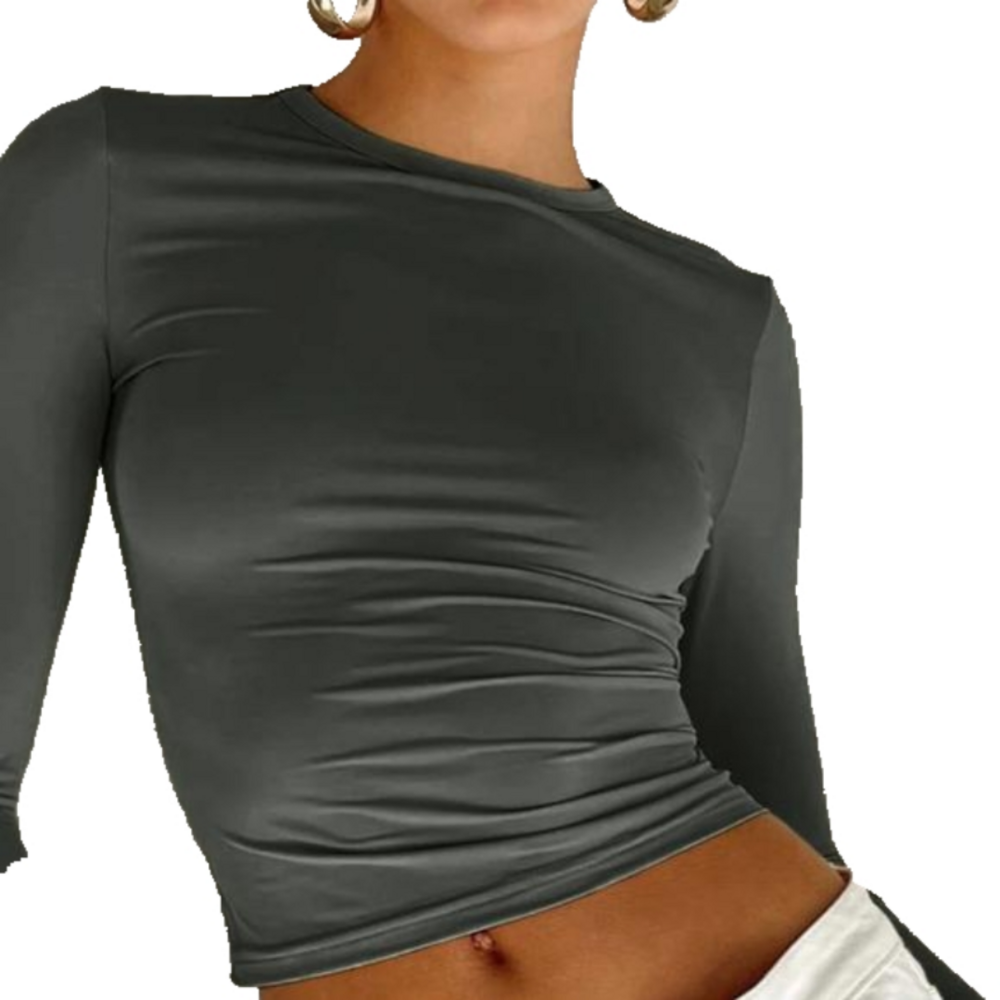 Commense Women's Utility Long Sleeve Crop Top With Thumbholes, Grey, Size S